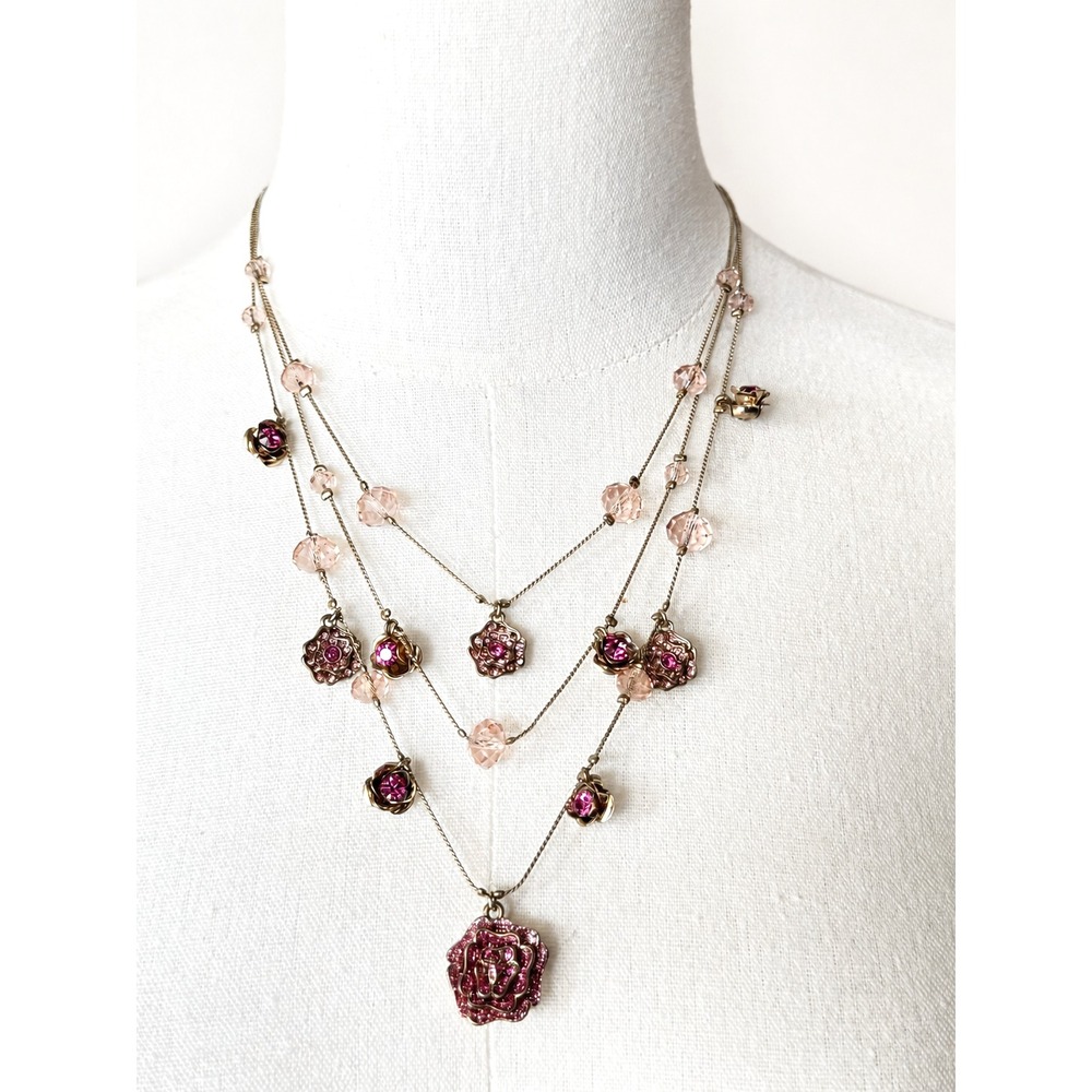 Vintage Betsey Johnson Rose Pink Crystal Floral Multi Strand Layered Necklace